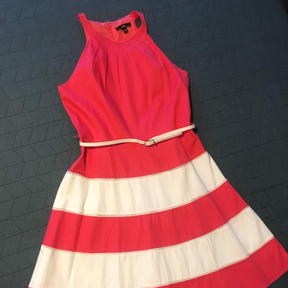 R&K Coral/White Fitted Waist Tiered Swing Dress